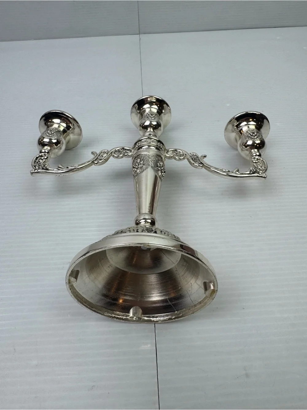 Vintage 3-Light Candelabra Silver Tone Metal Floral Embossed 7.5” Tall Ornate Ca